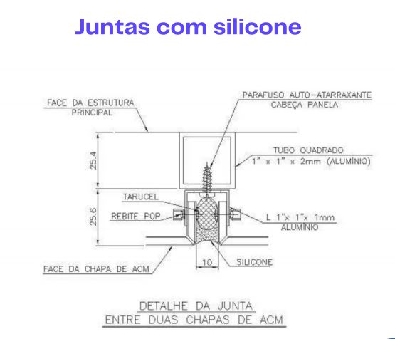 Ilustração de juntas com silicone na Fachada de ACM
